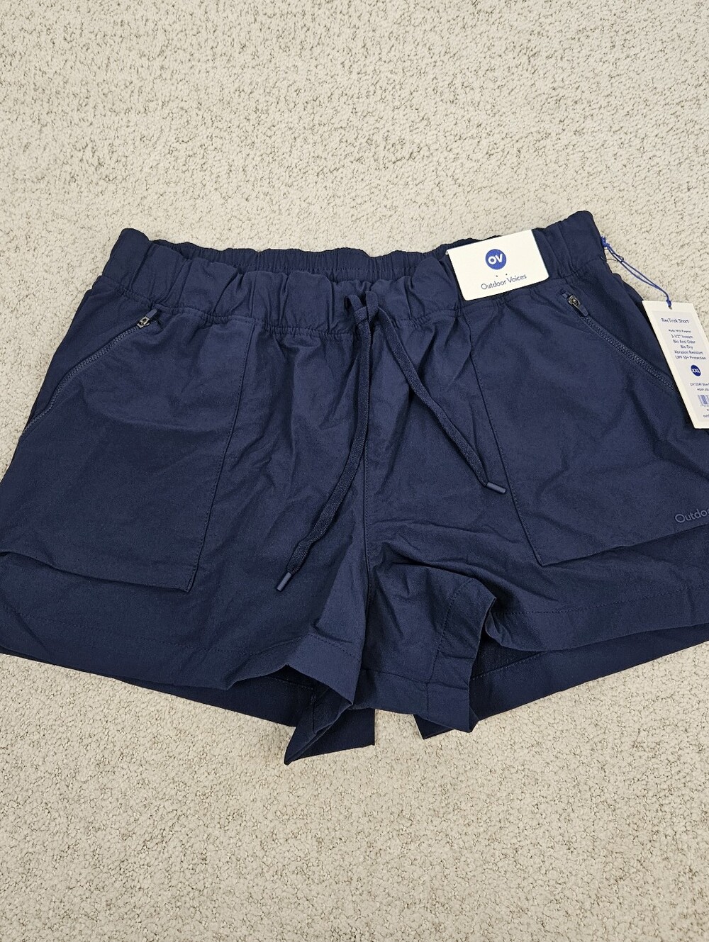 Outdoor Voices RecTrek Shorts Womens Blue Elastic Pullon Zipper Pockets Outdoor